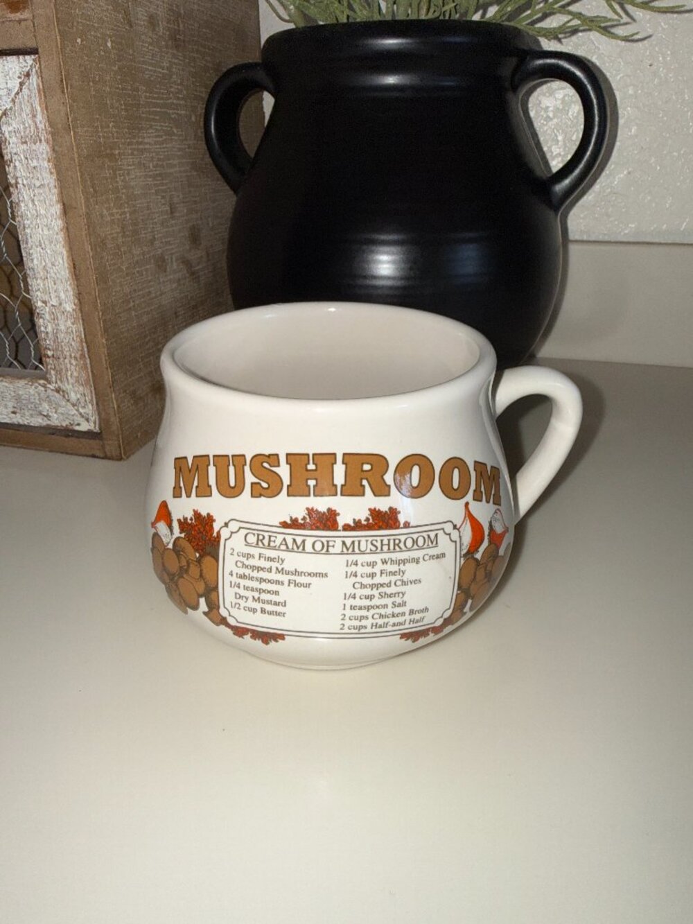 Vintage Recipe Soup Bowl Mug Cup, Crock Cream Of Mushroom Soup, Ceramic, Retro